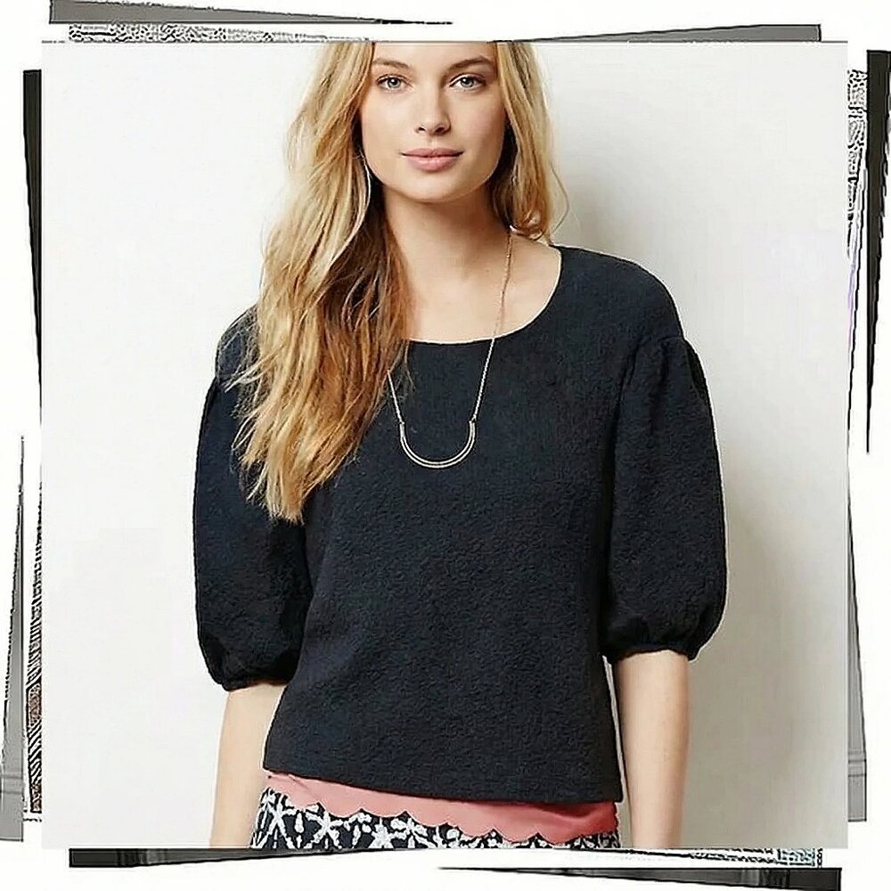 Vintage 2011 Black Textured Fabric Top w Puff Sleeves (S) by Postmark